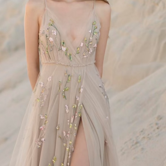 Wedding Dress Wmns Maxi Boho Fairy-core Custom Embroidered Sequined Silk Tulle - Picture 1 of 16